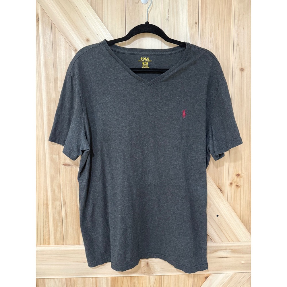 Polo Ralph Lauren Mens V-Neck T-Shirt Charcoal Gray Red Pony Logo XL
